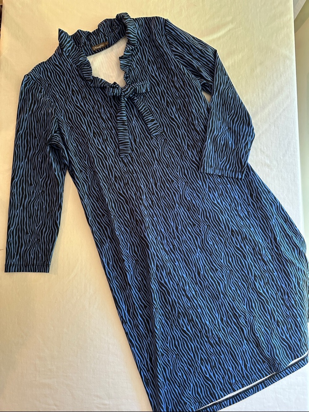 J. McLaughlin Black and Blue Zebra-Print Ruffle Tie dress
